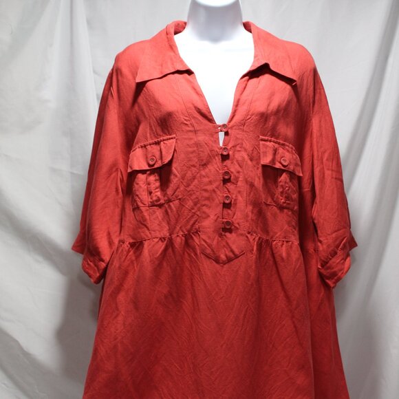 Lane Bryant Women's 22/24 Red Linen Blend Pop-over Tunic Top S/S Collared - Picture 1 of 12